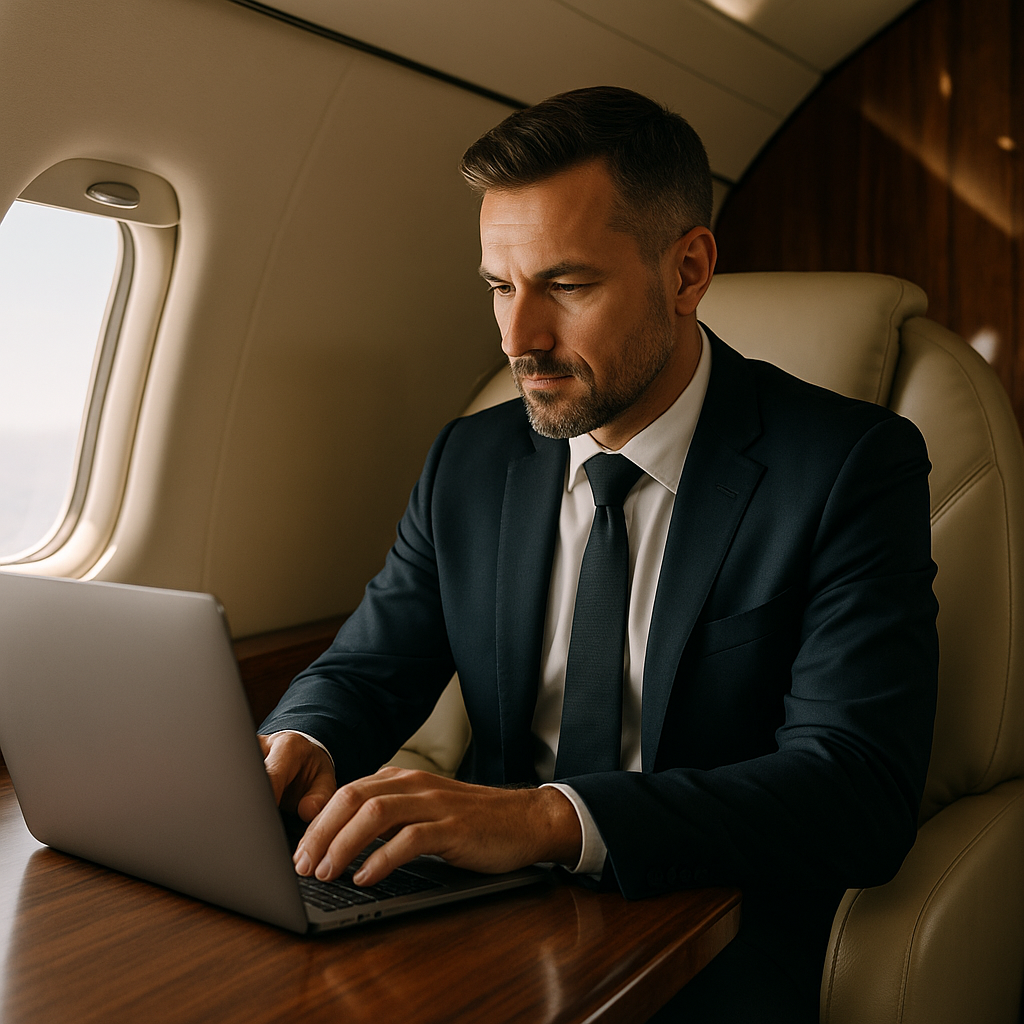 Executive working on private jet - representing thought leadership and success